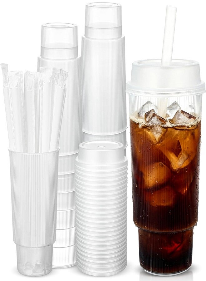 Ferrochef 25 Set 22 oz Plastic Ribbed Cups with Lids and Straws Disposable Plastic Ribbed Iced Coffee Cup for Cold Beverage Juice Smoothie Crystal for Coffee Shops Party Catering - Image 1